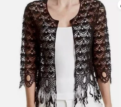 NUEVO CON ETIQUETAS ~ RUFF HEWN Para Mujer 3X Cárdigan Negro Crochet Flecos Encogerse de hombros Frente Abierto $79 Foto 1 de 4