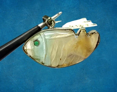 Fatto a Mano Pesce Design 2.8cm Pendente Argento con Naturale Tormalina Smeraldo - Immagine 1 di 4