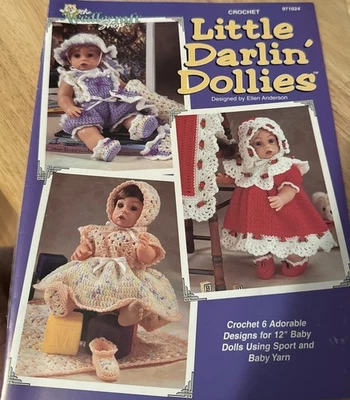 LITTLE DARLIN' DOLLIES 6 OUTFITS FOR 12" BABY DOLLS CROCHET PATTERN BOOKS 1997 - Image 1 of 3