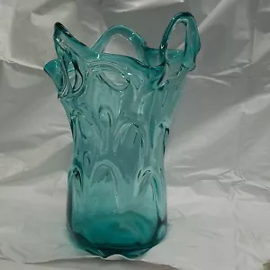 Large Ice Blue Hand Blown Pushed and Pulled Art Glass Vase 14"X7" MCM THUMPRINT - Picture 1 of 12