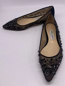 Jimmy Choo Womens Black Mesh Floral Beaded pointed Toe Romy Flats sz 40 us 10 - Picture 1 of 8