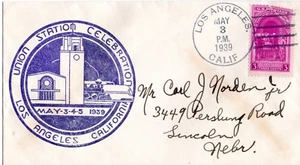 1939 LOS ANGELES CA UNION STATION CELEBRATION W/ PURPLE CACHET & FAULT - Picture 1 of 1