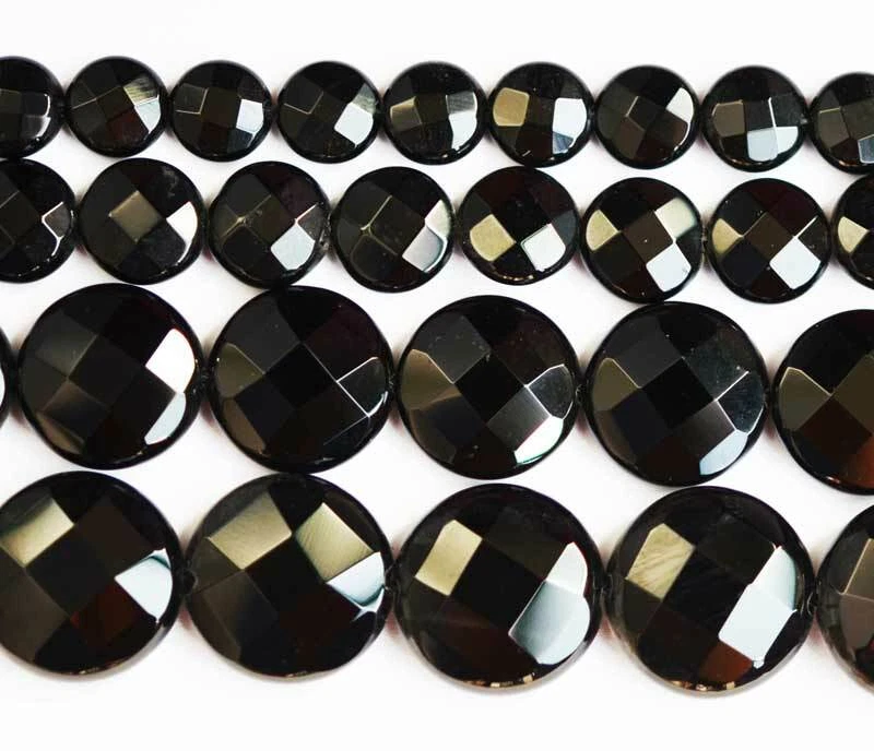 Cut Faceted Button AAA Natural Onyx Black Agate Gemstone Beads 15" Hand Jewelry - Image 1 of 1