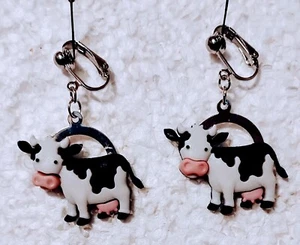 Cow on Cutout Silver Leaf Clip-on Dangle 1.25" Earrings - Picture 1 of 2