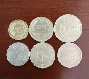 Turkish 6 Coin Set 100 1000 5000 10bin 25bin 100000 Lira Dates 1989-1999 - Picture 1 of 2