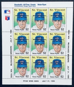 ST VINCENT NOLAN RYAN ACHIEVEMENTS STAMPS 1990 MNH 300TH WIN O/P BASEBALL SPORTS - Picture 1 of 1