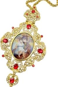 Gold Plated Pectoral Cross Pendant with Mary & Jesus Icon Red Crystals Necklace - Picture 1 of 7