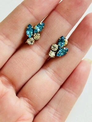 VTG Co-Star CS 14k GF Gold Filled Art Deco Earrings Blue Rhinestone Screw back - Image 1 of 4