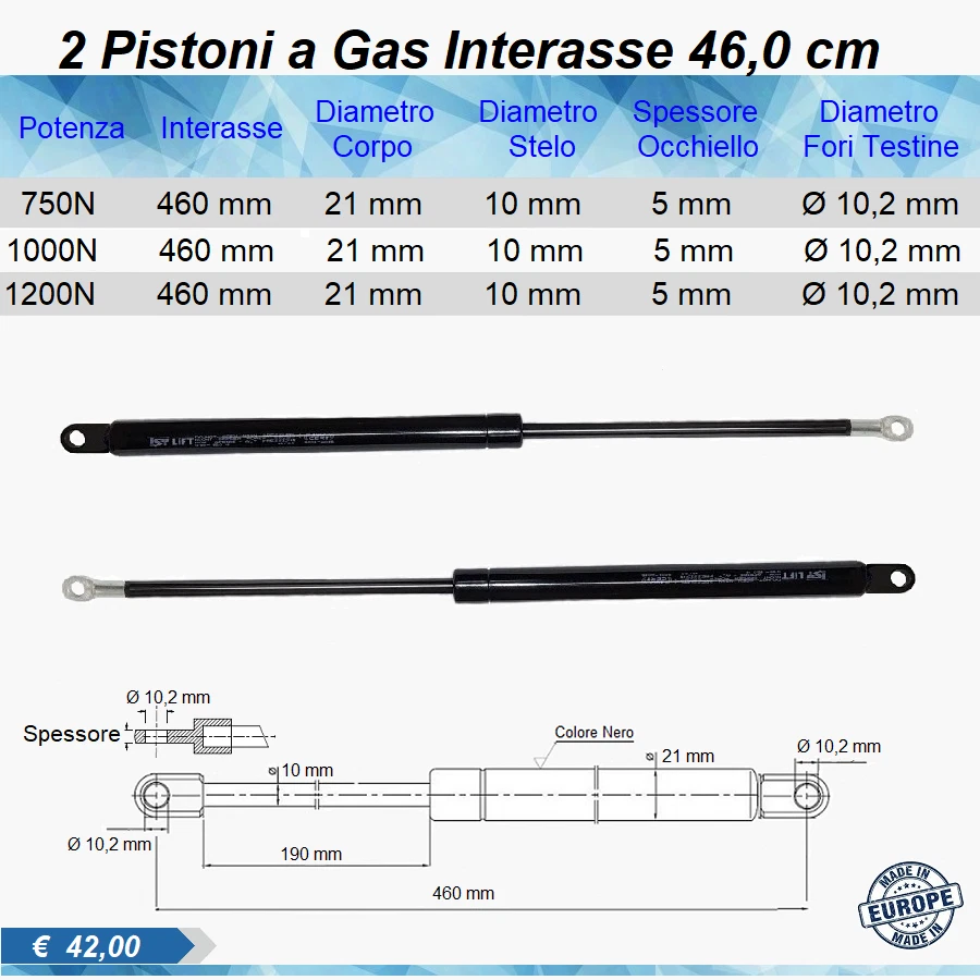 COPPIA PISTONI A GAS MOLLA PER LETTO CONTENITORE RICAMBIO INTERASSE 460 mm Ø10,2 - Immagine 1 di 1