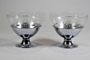 Set of 2 Vintage Clear Depression Glass Sherbet Berry Bowls Metal Holders Stands - Picture 1 of 6