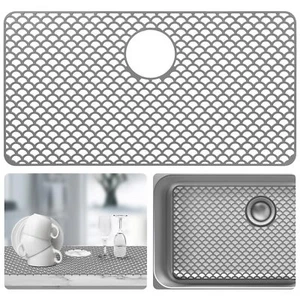 28.4"x15" Heat Resistant Silicone Sink Protector Mat Rear Drain Hole Grey - Picture 1 of 7