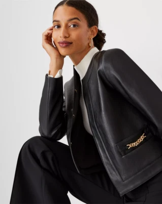 CHAQUETA CORTA NUEVA ANN TAYLOR $189 NEGRA CADENA GUIJARROS IMITACIÓN CUERO TALLA 12 Foto 1 de 4