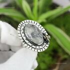 925 Silver Natural Mexican Laguna Lace Agate Statement Honey Bee Adjustable Ring