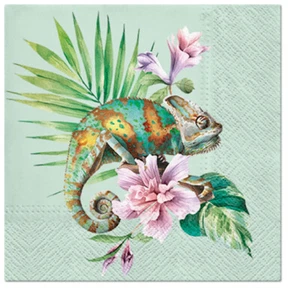 Green Exotic Chameleon on Palm Leaves 40pcs Lunch Paper Napkins Tropical, Summer - Picture 1 of 1