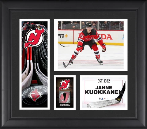 Janne Koukkanen Devils FRMD 15" x 17" Player Collage with a Piece of GU Puck Cover