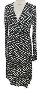 Warehouse Women's Dress Size 6 Black Patterned Jersey Long Sleeves Used F1 - Picture 1 of 10