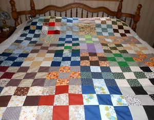 HANDMADE Nine Patch Squares Multi Colors PATCHWORK QUILT TOP ONLY- 83" x 63" (3) - Picture 1 of 16