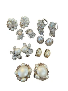 Vintage Costume Jewelry Lot Clip Earrings Silver Pearl gold Tones 1950-90 7 Pair - Picture 1 of 11