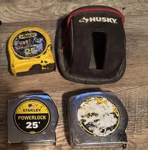 3 Used Stanley Tape Measures + Husky Pouch Belt Holster- Powerlock Fatmax - Picture 1 of 4