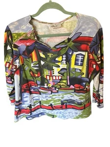 MICHAEL LEU ART TO WEAR Cotton V Neck Shirt Women SZ XL Palm Trees & Boats - Picture 1 of 9