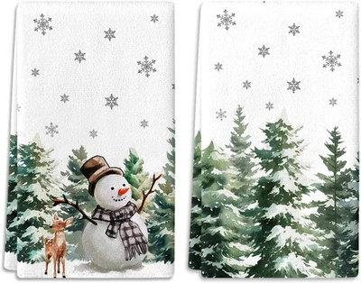 Рождественский вручную полотенца для ванной комплект из 2, зимний снеговик лось зеленый белый  - Изображение 1 из 4
