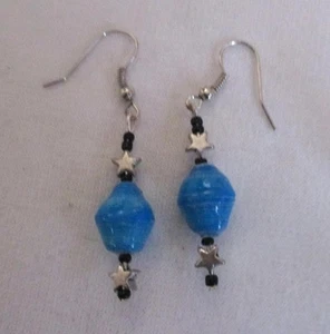 Recycled Paper Bead Blue Black 1 Bead Drop 1 3/4" Earring Silver Wire & Stars - Picture 1 of 1