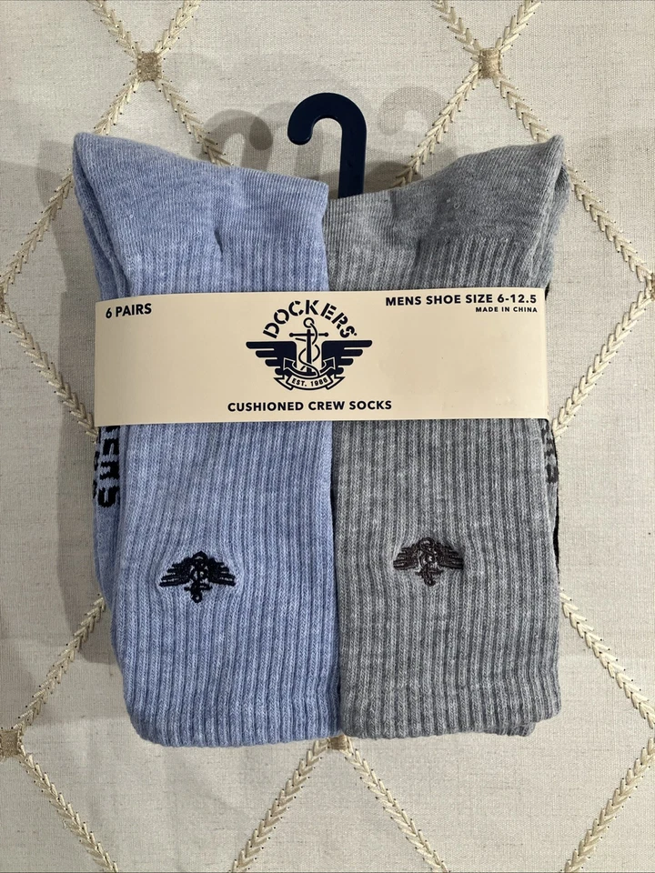 DOCKERS Cushioned Crew Socks 6 Pairs For Men’s Shoe Size 6-12.5 Black Blue Gray