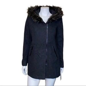 Maralyn Me Juniors Faux-Fur-Trim Hooded Asymmetrical Charcoal Coat Small NWT - Picture 1 of 9