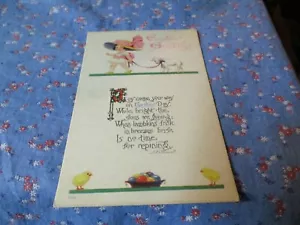 Old Postcard Easter Girl Leading Lamb with Ribbon Chick - Picture 1 of 2