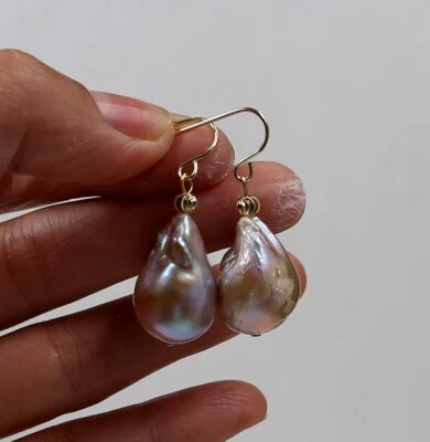 22mm Natural Cultured Baroque Pearl Earrings 18K Gold Ear Drop Dangle P455 - Изображение 1 из 4