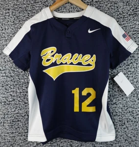 Nike Boys Little League Baseball Jersey Size M Braves #12 Blue Yellow Gold - Picture 1 of 10