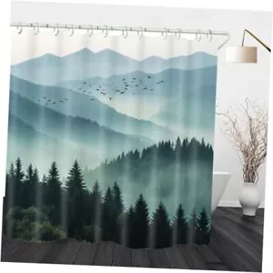 Misty Forest Mountain Shower Curtain Set Sage Green shower curtain Forset9 - Picture 1 of 7