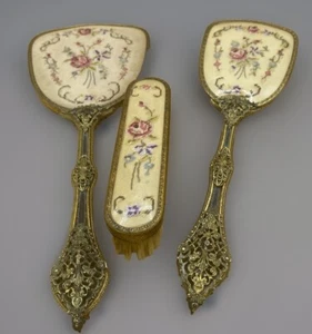 Juego de 2 cepillos y espejo vintage Petit Point floral dorado hecho en Inglaterra - Imagen 1 de 7