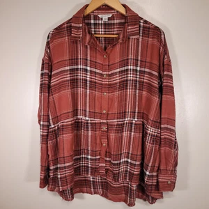 American Eagle Women's XS Rust Red Plaid Long Sleeve Babydoll Flannel Shirt - Picture 1 of 6