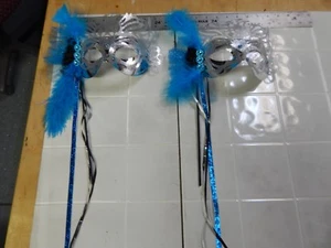 LOT OF 2 HAND HELD CUSTOM MASQUERADE, MARDI GRAS MASKS FEATHERS, RIBBON, COSTUME - Picture 1 of 5