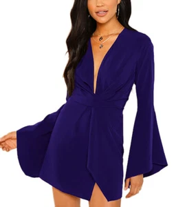 Abito donna corto elegante maniche lunghe svasate profonda scollatura - Imagen 1 de 6