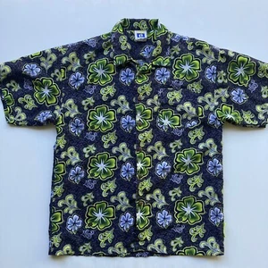 Vintage Hang Ten Button Up Shirt Mens 16 Green Blue Floral Hawaiian Surf 90s Y2K - Picture 1 of 9