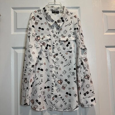 Karl Lagerfeld Paris Whimsical Print Maximalist Button Up Career Blouse Size XL - Image 1 of 4