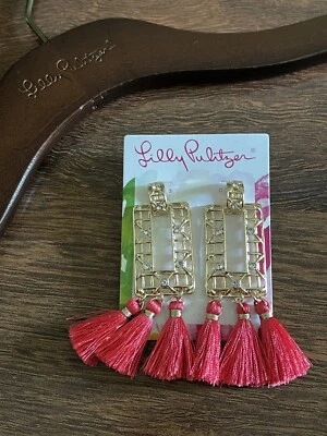 Lilly Pulitzer Ruby Red ISLAND VIBES TASSEL EARRINGS Gold Lattice Sparkle NWT - Image 1 of 4