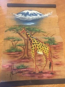 Africa giraffa tela locale dipinto kilamenjaro firmato Ouimbo 1999 artista locale - Foto 1 di 3