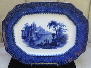 SUPER RARE 1820 LARGE ANTIQUE FLOW BLUE TEMPLE W.F. PATTERN PLATTER - Picture 1 of 11