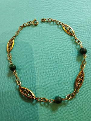 Bracelet Ancien or jaune 18 carats et boules malachite - Photo 1/4