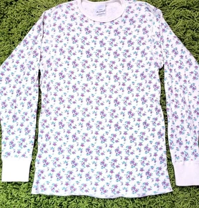 Camicia termica vintage anni 70 donna L top 2 strati tessuto viola rose floreale avorio - Foto 1 di 7