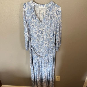LUSH Blue and White Tie Waist Floral Midi Long Sleeve Dress Size Medium casual - Picture 1 of 7