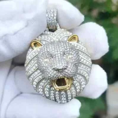3Ct Round Cut Lab Created Diamond Lion Face Men's Pendant 14K 2 Tone Gold Plated - Image 1 of 4
