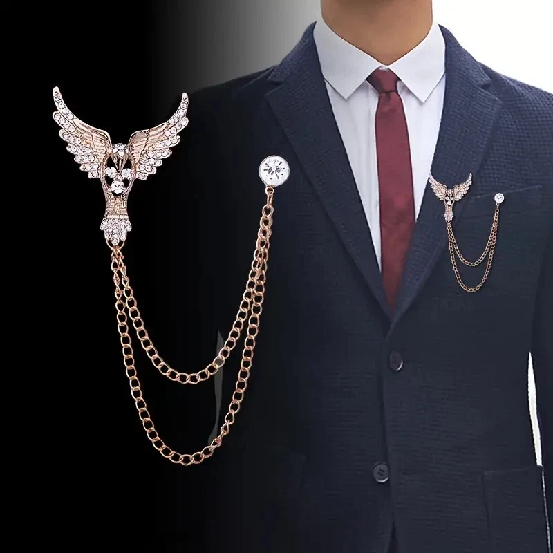 Men's Wedding Brooch Majestic Eagle Wings Chain Tassel Pass Moissanite Silver - Image 1 of 4