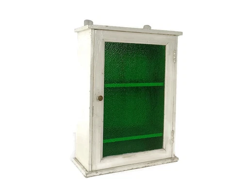 Vintage White Painted Wood Bubbled green Glass Door Medicine Wall Cabinet Apothe Cover