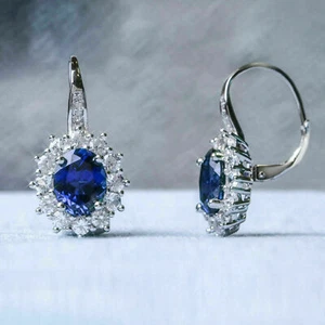3Ct Oval Cut Tanzanite Diamond Halo Drop & Dangle Earrings 14K White Gold Finish - Picture 1 of 4