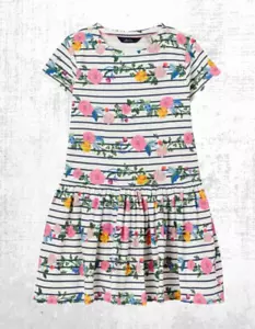 Ex Joules Girl's Short Sleeve Harbour Print Jersey Breton Dress in White(Defect) - Picture 1 of 5