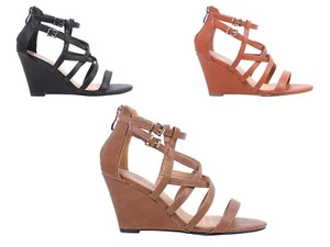 3 Color Strappy Buckle Faux Leather Open Toe Wedges Casual Womens High Heels - Picture 1 of 16